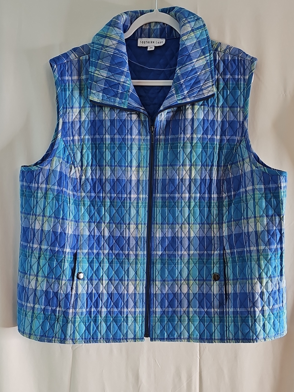 Southern Lady Blue & Aqua Plaid Quilted Zip Vest